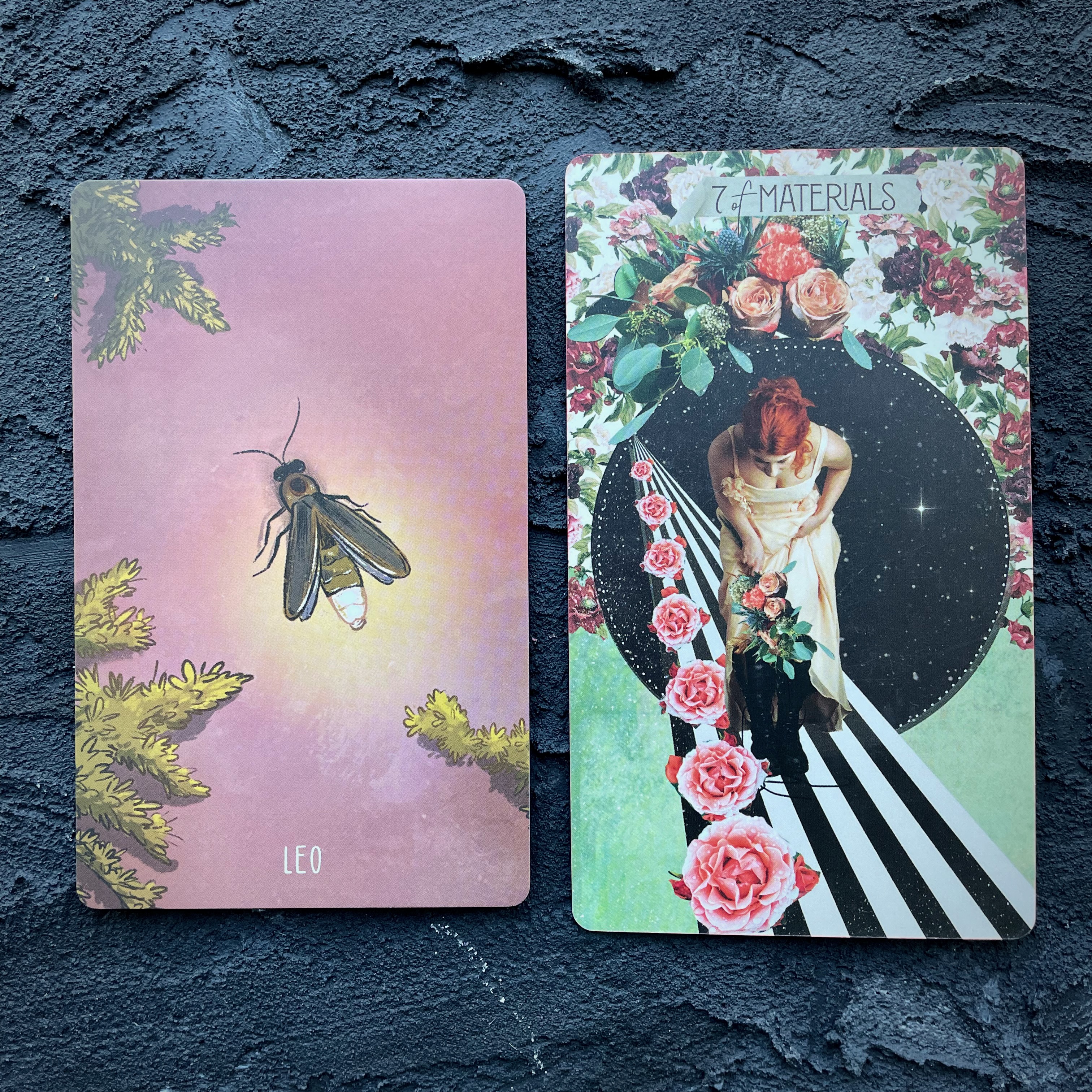 Two cards in front of a navy blue background, right to left: Leo (a bee) and 7 of Materials (a woman with roses collaged on a black and white stripped road with flowers everywhere)