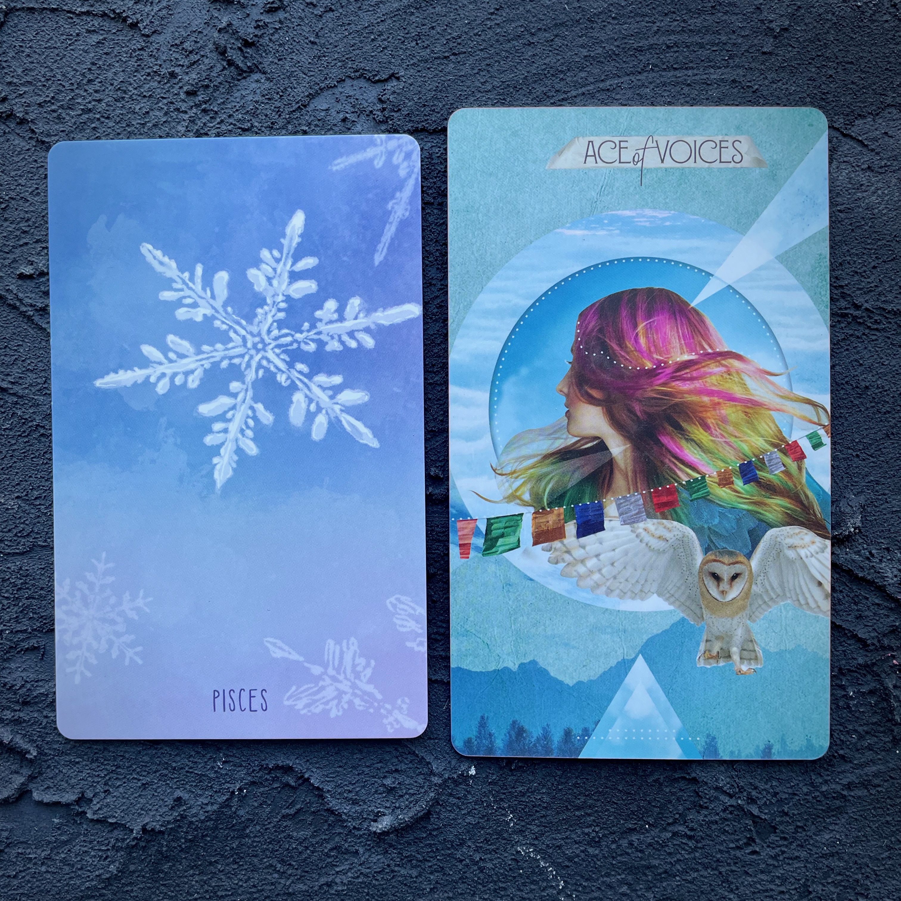 Two cards in front of a navy blue background, right to left: Pisces (a snowflake) and Ace of Voices (a woman with multicolored long hair and an owl)