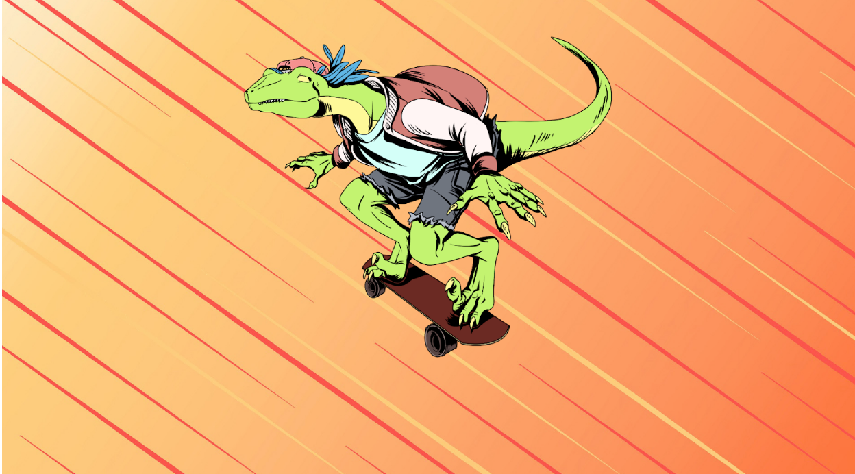 An illustrated raptor rides a skateboard on an orange background.