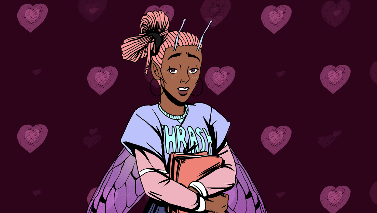 An illustrated teenage fairy holds a book and has wings.  There are hearts behind her.