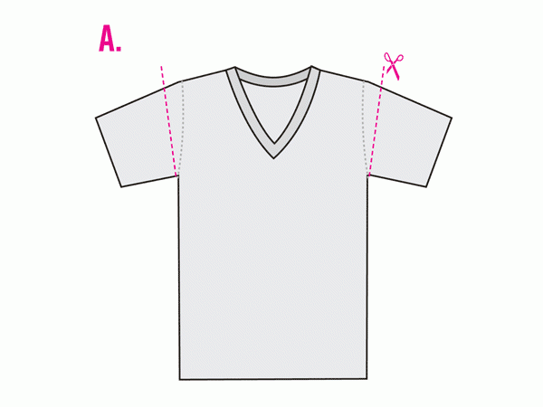 Diagram of a V-Neck t-shirt with where to cut the sleeves off