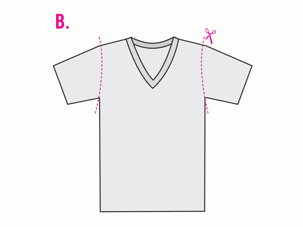 Diagram of V-Neck t-shirt with lines to cut at the seams