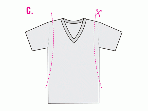 Diagram of a v-neck t-shirt with lines for a wider cut along the sleeves