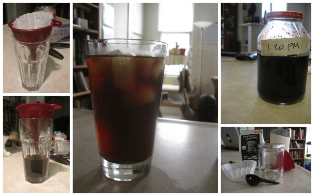 icedcoffee This image is a collage of the step-by-step process for making cold brew coffee concentrate for iced coffee at home. On the bottom right is a photo of the supplies: coffee, a jar, a coffee filter, and a grinder. On the top right is the jar with ground coffee beans and water, labeled with the time. On the left are two images of the coffee concentrate being strained into a glass, and central, a glass of iced coffee.