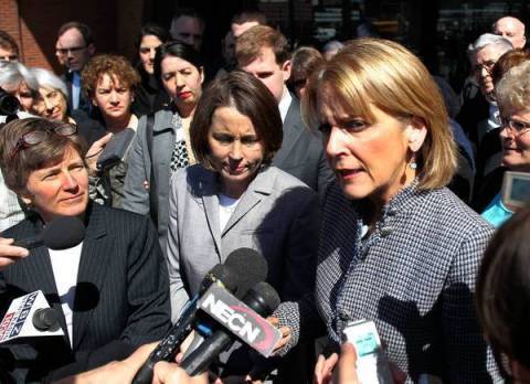 Martha Coakley, Mary Bonauto, Maura Healey outside appellate hearing on DOMA