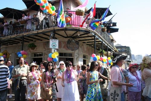 In front of Good Friends bar during the Gay Easter Parade, New Orleans, Louisiana