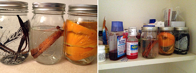 Jars of ingredients in a medicine cabinet