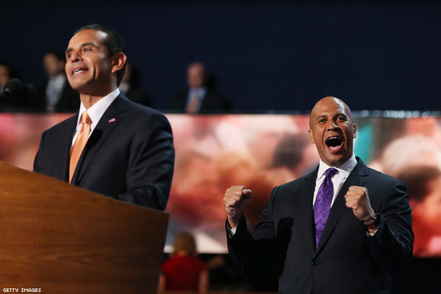 Cory Booker cheering as the DNC adopted marriage equality into the platform, via  The Advocate.