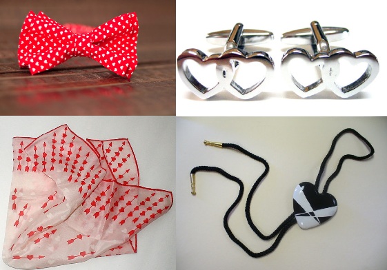 left to right starting with top left corner: Heart Bow Tie by strawberryseams, love wedding cufflinks by kioladesigns, , vintage 80s heart bolo tie from shophullabaloo