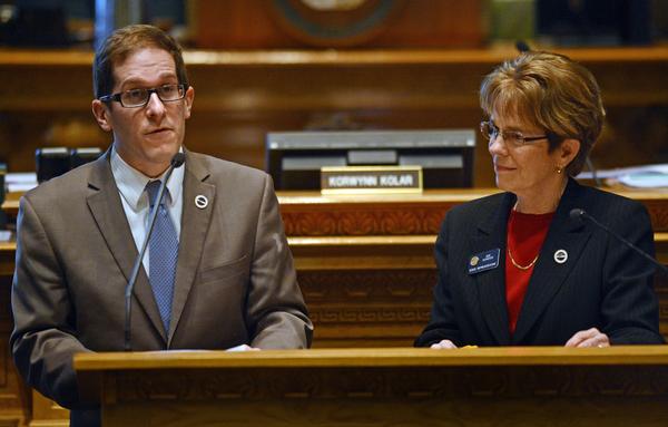 "House Speaker Mark Ferrandino, D-Denver, left, and Rep. Sue Schafer, D-Wheat Ridge, both gay, sponsored Senate Bill 11, allowing same-sex couples to form civil unions." via {The Denver Post}