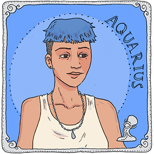 Illustration of a person representing the aquarius zodiac sign with a water bearer symbol in the bottom corner.