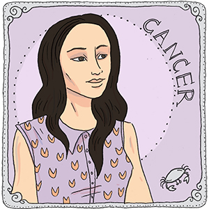 person with long dark hair and light skin. light purple background representing sign cancer.