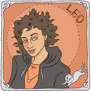 orange background. person in hoodie with wild hair representing the astrologcial sign leo