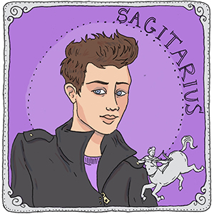 queer person with brown hair, blue eyes and a black jacket on a purple background, representing sagitarius