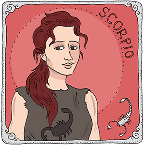 person representing scorpio sign. white woman with red hair in a ponytail and a black muscle tee.