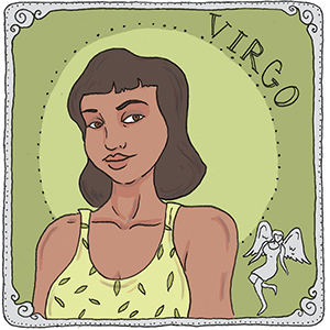 dark skinned woman with dark brown hair wearing a yellow tank top representing the sign virgo