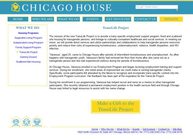 The Chicago House's website for the TransLife Project.
