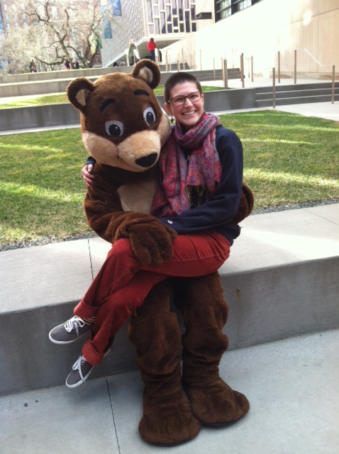 Maddy, 22 with Barnard's mascot Millie