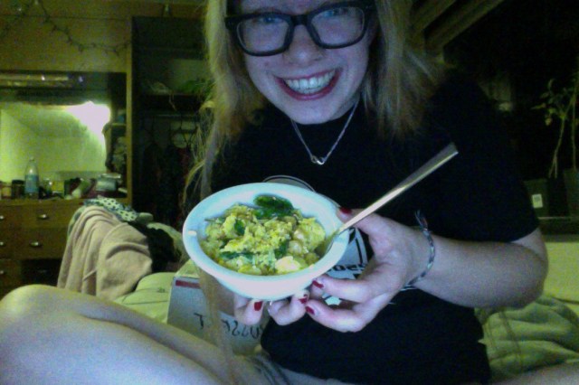 Exhibit C: The first successful meal of rice, tofu, curry powder, spinach, and chickpeas.