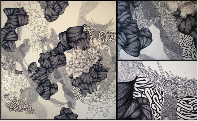 Anna, 2013. Sharpie on Canvas, 66" x 60". Image on left is full canvas, images on right show detail. By Lauren.