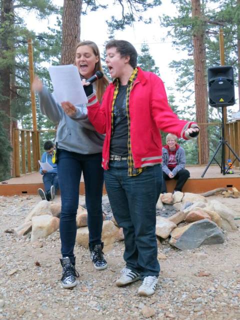 robin and marni practicing the opening night song