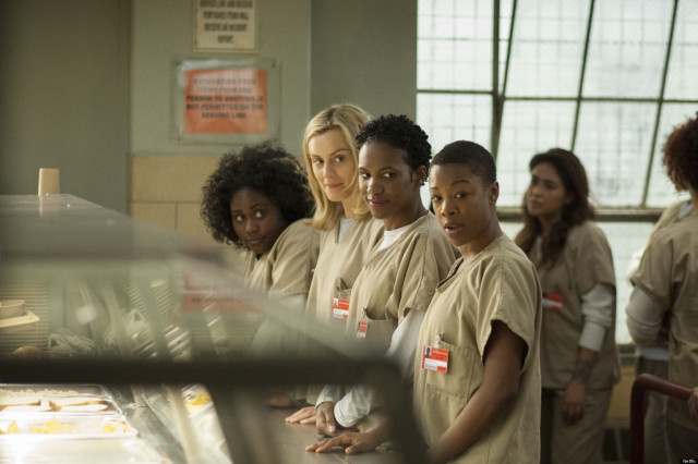 Danielle Brooks as Tasha "Taystee" Jefferson, Taylor Shilling as Piper, Vicky Jeudy as Janae Watson and Samira Wiley as Poussey