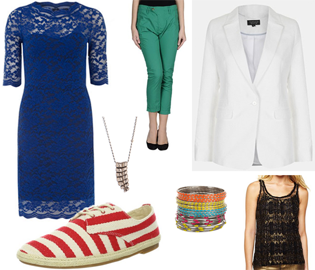 Clockwise from top left: Blue Dress, Green Pants, White Blazer, Gold Shirt, Bangles, Necklace, Striped Shoes