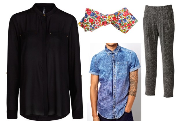 Clockwise from top left: Black Shirt, Floral Bow Tie, Gray Pants, Acid Wash Shirt