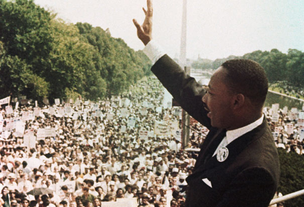 Rev. King delivers his speech on the steps of the Lincoln Memorial, August 28, 1963. via History.com.