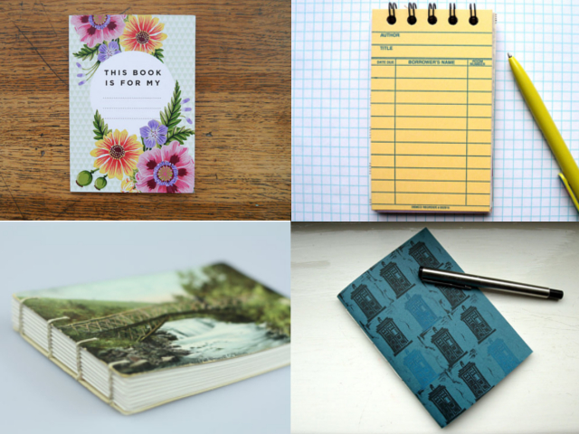 Clockwise from upper left: A6 Summer Blooms Notebook, Vintage Library Card Notebook, Coptic Bound Vintage Postcard Notebook, TARDIS Blue Soft Cover Notebook