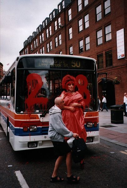 A drag queen in Manchester protesting against Stagecoach, whose owner publicly supported Section 28 (via Wikipedia)