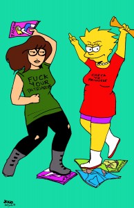 Daria and Lisa as grownups, crumpling and stomping on women's mags