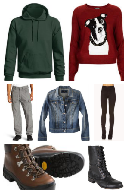green hoodie/Maroon Dog Sweater/Cargo Pants/Denim Jacket/Black skinny jeans/hiking boots/Troopa boots