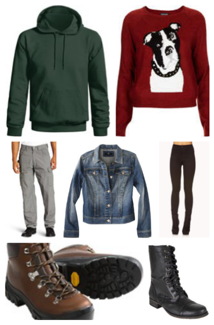 green hoodie/Maroon Dog Sweater/Cargo Pants/Denim Jacket/Black skinny jeans/hiking boots/Troopa boots