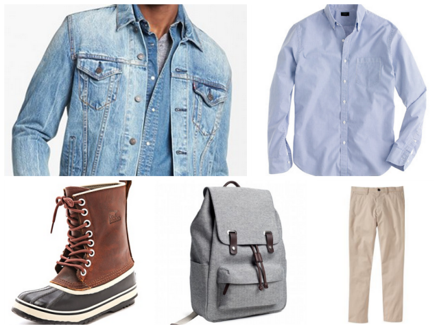 Levi Denim Jacket/J.Crew Slim Secret Wash in Blue Stripe/Sorel Boots/Everlane snap backpack/Old Navy Slim Fit Khakis