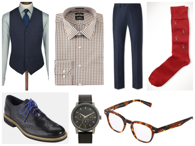 Charles Tyrwhitt Navy twill vest /  Neiman Marcus Check Dress Shirt / Navy twill double breasted slim fit suit pants / Polo Allover Pony Socks Cole Haan 'Great Jones' Wingtips / Accutime Leather Strap Watch / Eyebobs Benchmark Readers