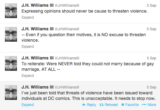 J.H. Williams III and Haden Blackman, now former writers for Batwoman, both condemned the threats of violence levied at DC after news broke of their departure.Via @JHWilliamsIII.