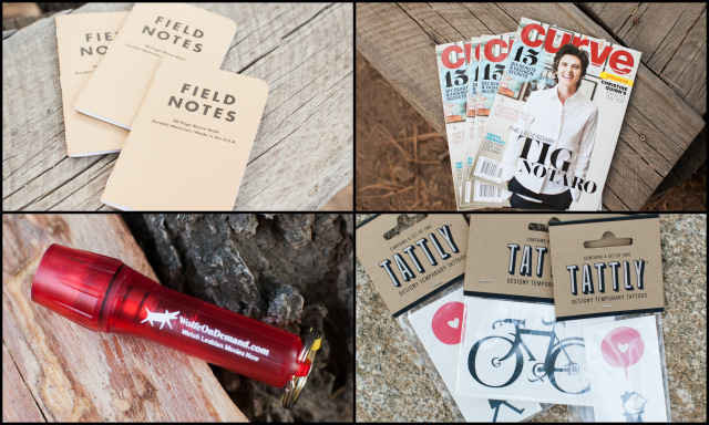 amazing gift bag items from sponsors! 3-pack of field notes, curve magazine (robin shot the tig notaro cover!), mini-flashlights from wolfe video and temp tattoos from tattly