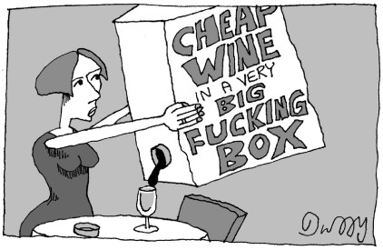 A person pouring liquid out of a box labeled "Cheap wine in a very big fucking box."