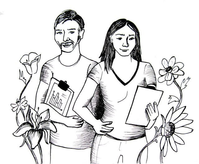 via Anna B. Hall. Caption: The illustrated Yoder and Matthies, hard at work among wildflowers.