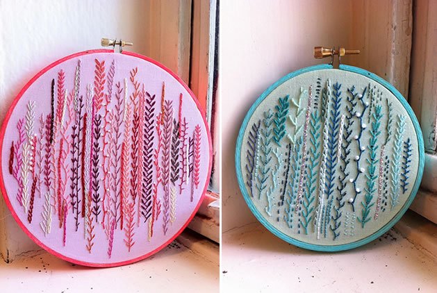 An embroidery sampler featuring the feather stitch. via {Craftster}
