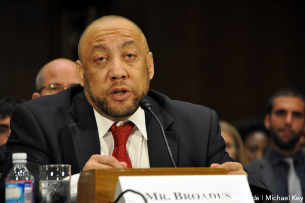 KYLAR BROADUS, SPEAKING ON BEHALF OF ENDA IN 2012. BROADUS WAS THE FIRST TRANS* PERSON IN HISTORY TO TESTIFY BEFORE THE US SENATE.