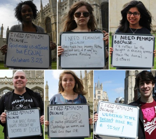 photo grid of people holding up "I need feminism becauase [reason]" signs