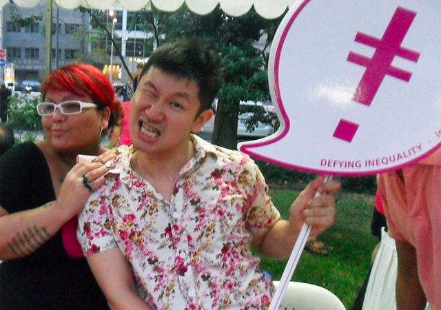 Tania De Rozario with co-organiser Ng Yi-Sheng promoting IndigNation at Pink Dot SG