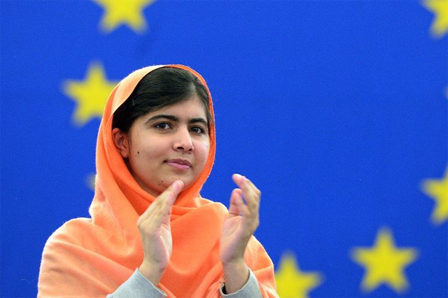 Malala Yousafzai receiving the Sakharov Prize at the European Parliament in Strasbourg, France via Yahoo! News