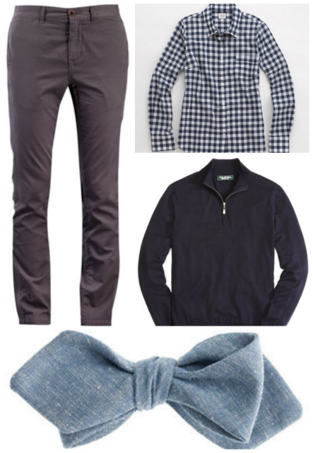 Pants / bow tie / gingham shirt / half-zip