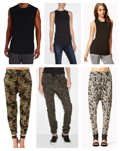 Center images top and bottom show Veer NYC Muscle tee and Camo drop crotch pants as shown in feature image.  Left: Russel muscle tee / Obey camo pants Right: Forever21 Muscle tee / Forever21 deser camo pants 