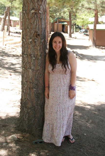 Vanessa at A-Camp in a floral print dress