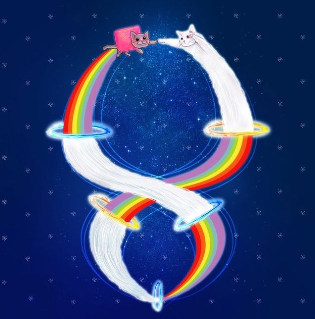 Nyan cat and long cat form an infinity sign in front of the night sky.