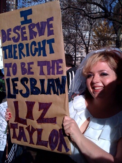 This is me during one of the Prop 8 protests. I still believe I should get to have at least one wedding a decade, since Liz Taylor did it.